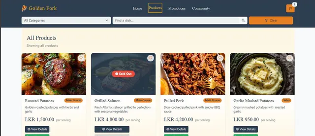 Product catalogue page of the Golden Fork demo: category filter, search box and a grid of dish cards with prices, one marked sold out