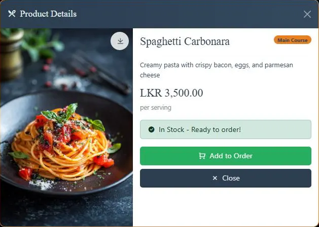 Product details modal for Spaghetti Carbonara showing image, price, stock status and add-to-order button