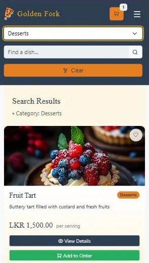 The catalogue on a narrow mobile viewport, with stacked filters and a single-column product card