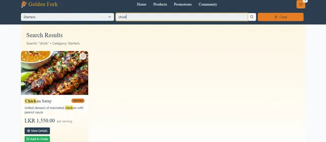 Search results for “chick” within the Starters category, with the matching letters highlighted in the product name and description