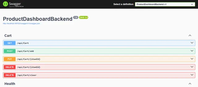 Swagger UI listing the Cart API: GET /api/Cart, POST /api/Cart/add, PUT and DELETE /api/Cart/{itemId}, DELETE /api/Cart/clear